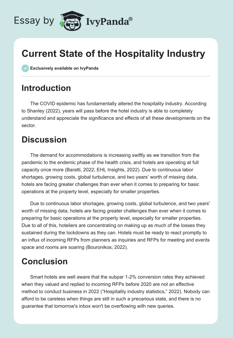 Current State of the Hospitality Industry. Page 1