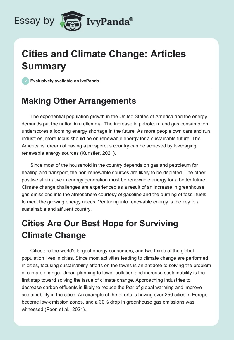Cities and Climate Change: Articles Summary. Page 1