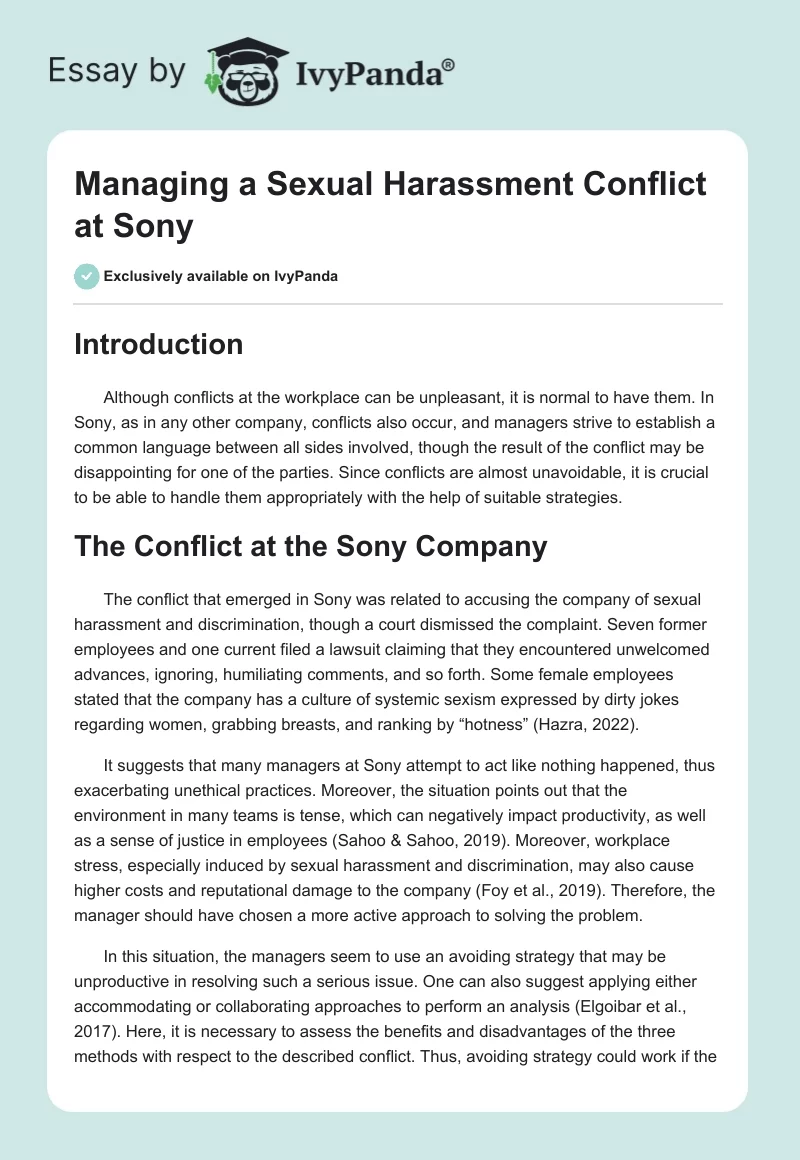 Managing a Sexual Harassment Conflict at Sony. Page 1