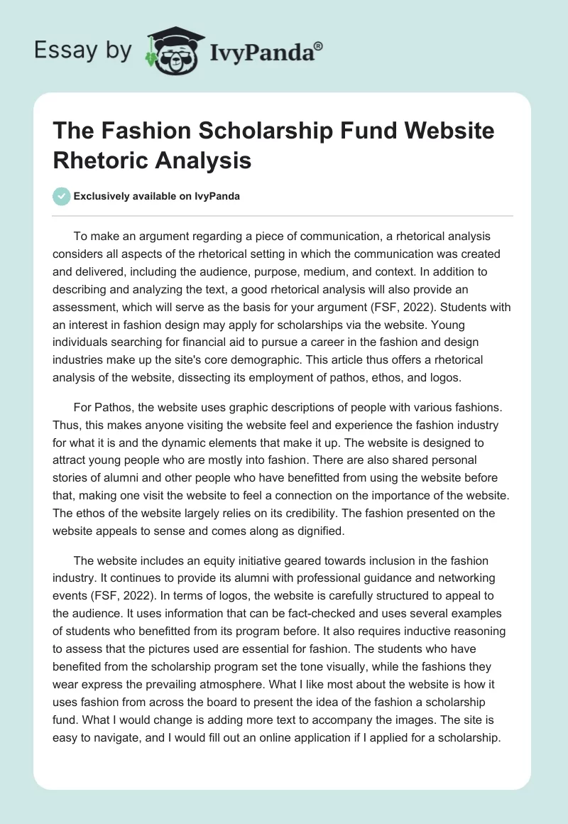 The Fashion Scholarship Fund Website Rhetoric Analysis. Page 1