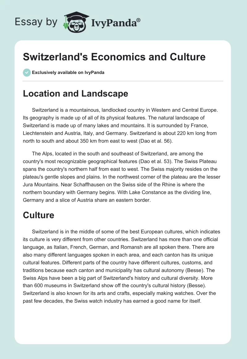 Switzerland's Economics and Culture. Page 1