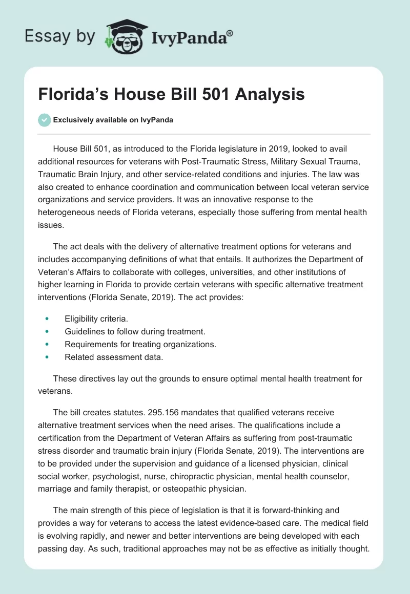 Florida’s House Bill 501 Analysis. Page 1