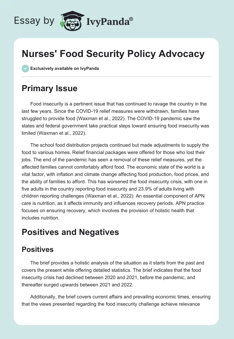 Nurses' Food Security Policy Advocacy. Page 1