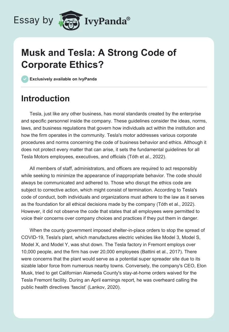 Musk and Tesla: A Strong Code of Corporate Ethics?. Page 1