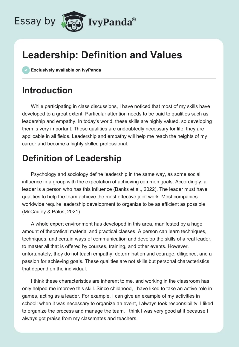 Leadership: Definition and Values. Page 1