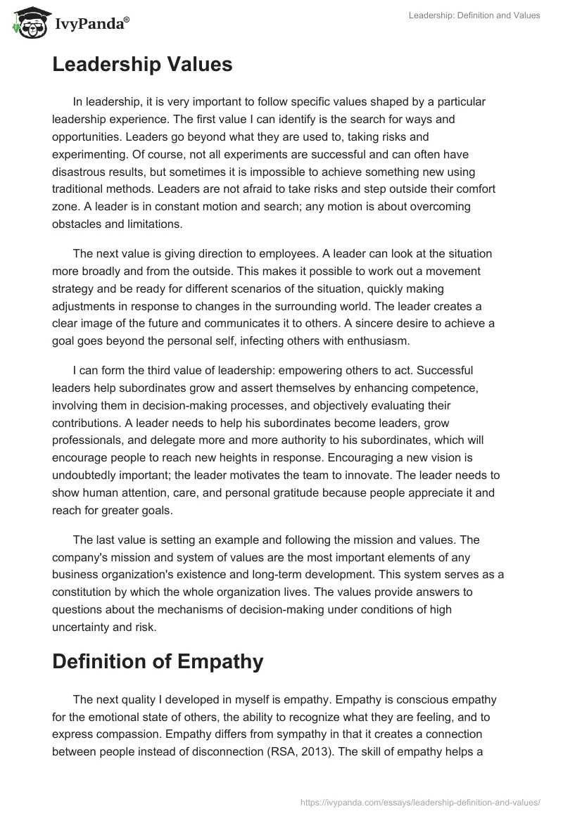 Leadership: Definition and Values. Page 2