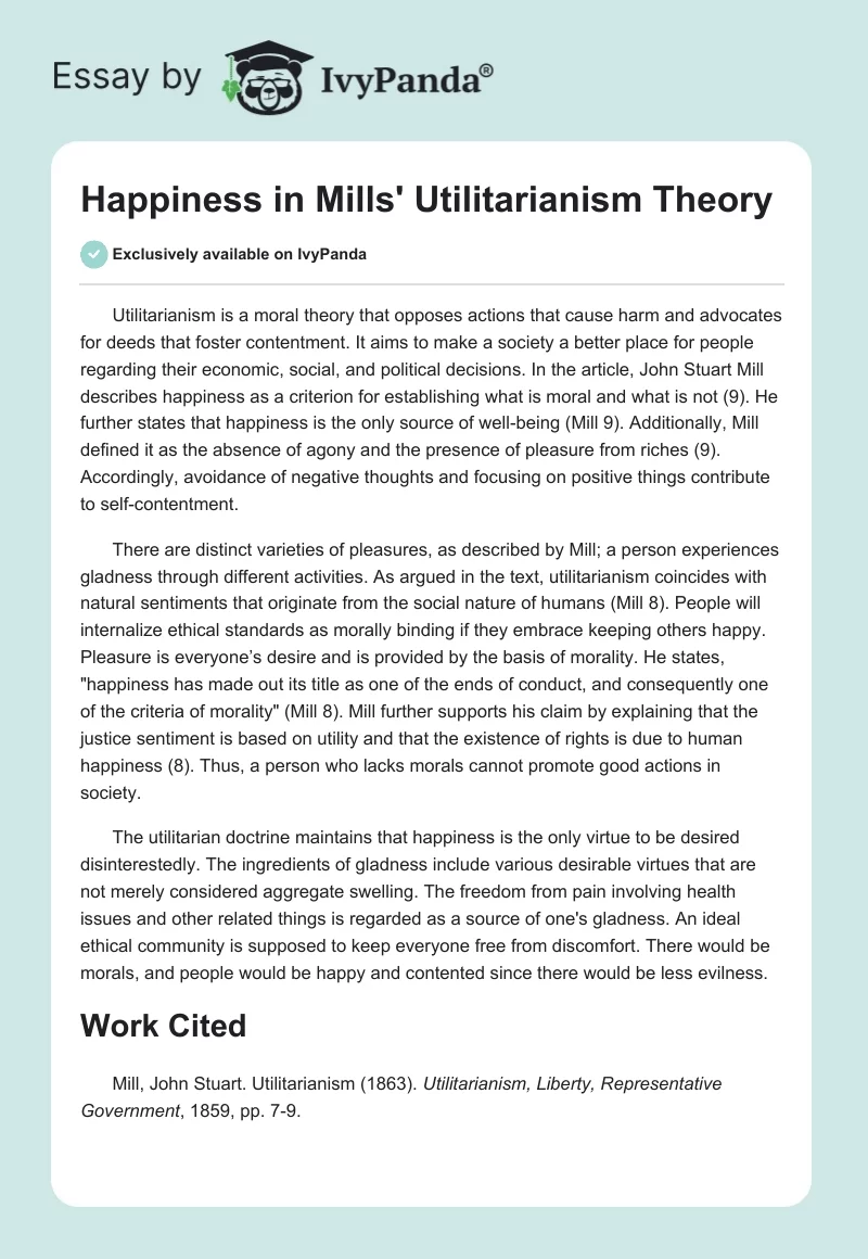 Happiness in Mills' Utilitarianism Theory. Page 1