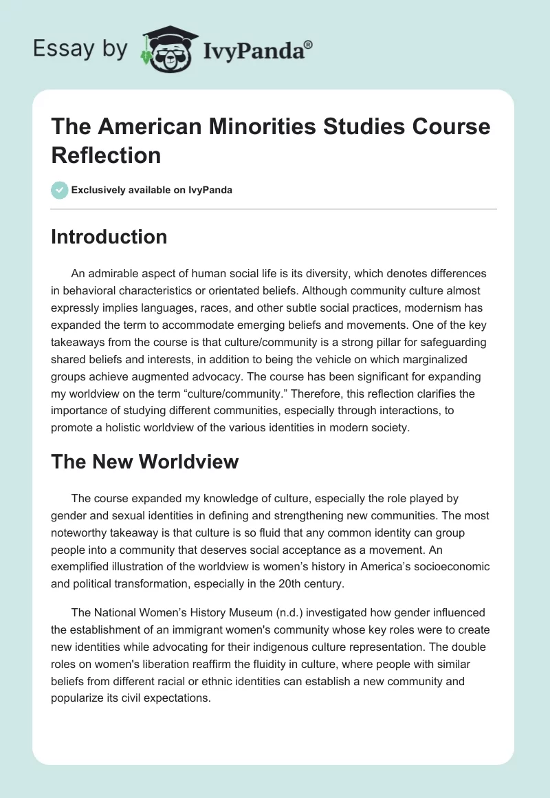 The American Minorities Studies Course Reflection. Page 1