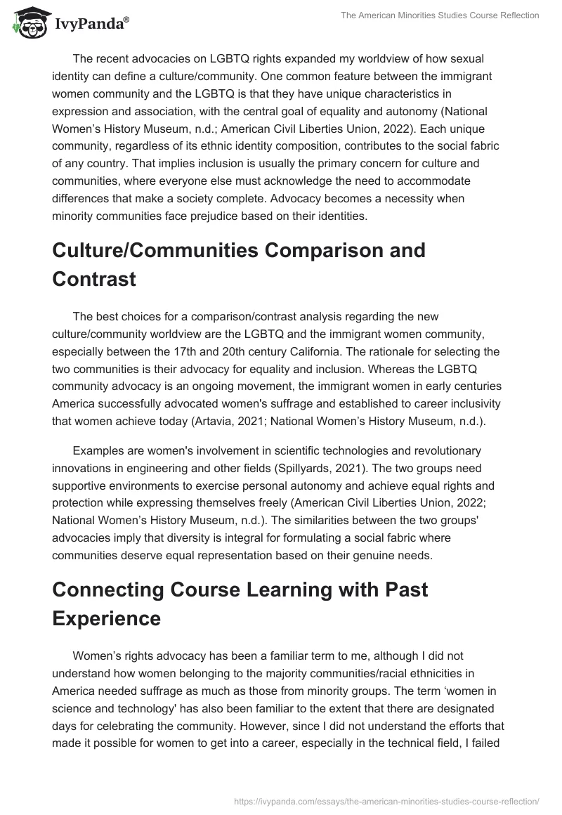 The American Minorities Studies Course Reflection. Page 2
