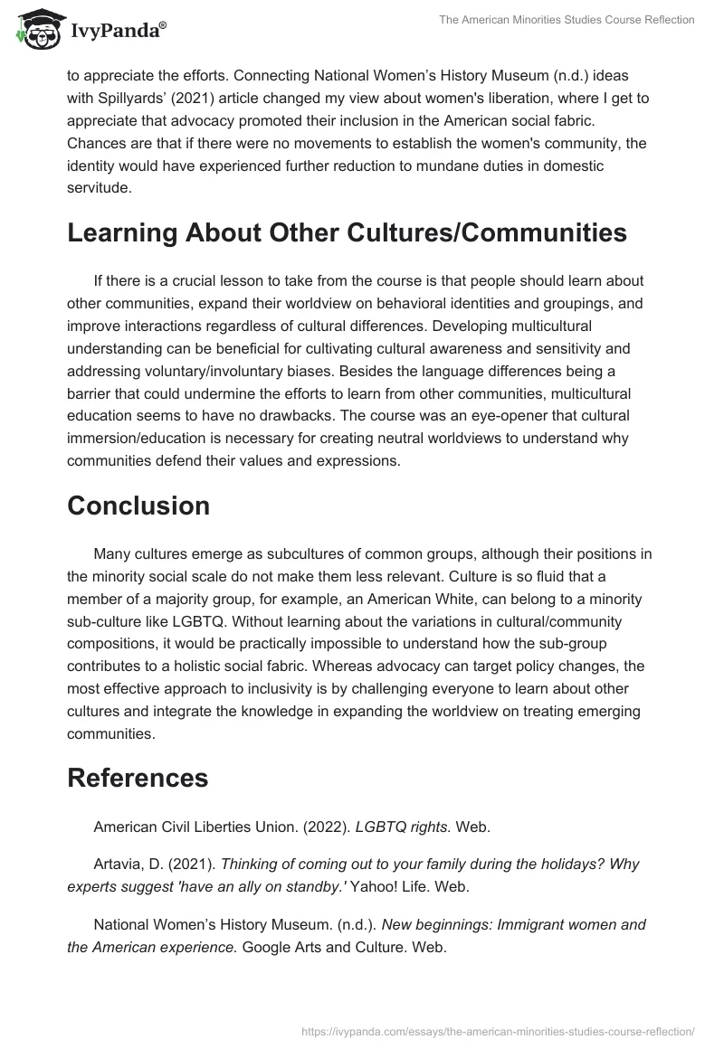 The American Minorities Studies Course Reflection. Page 3