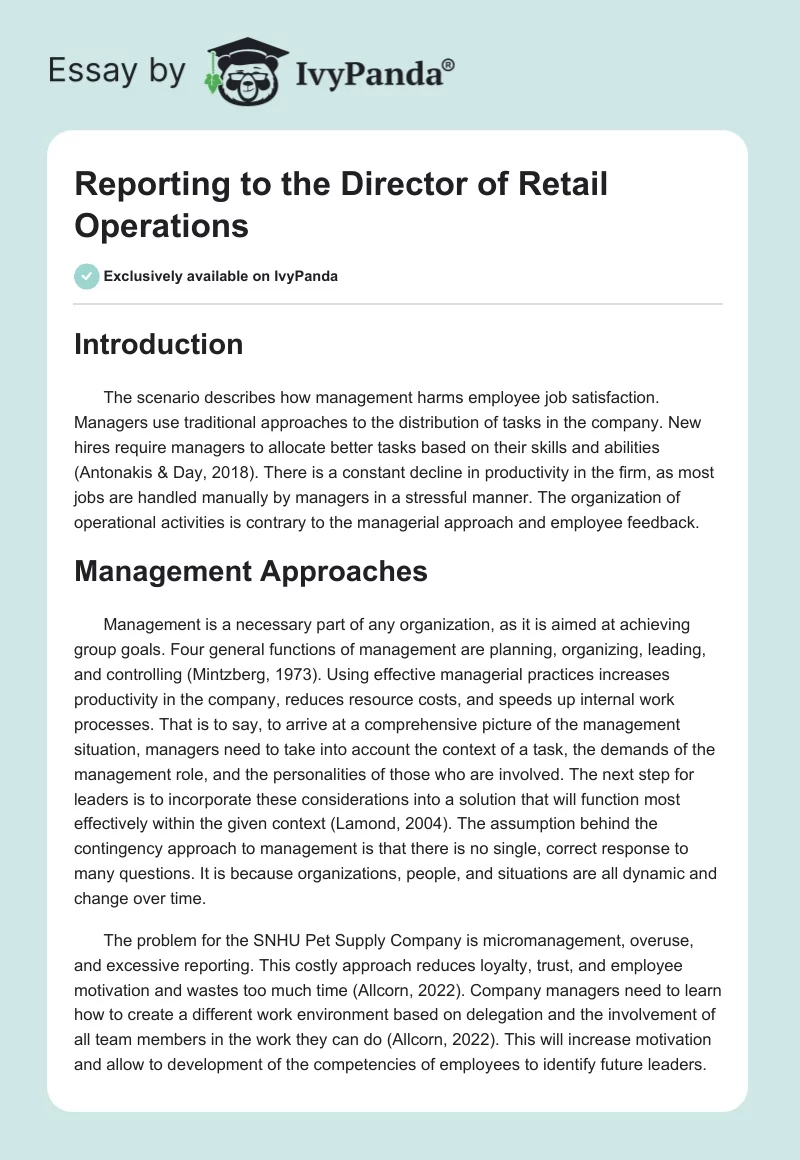 Reporting to the Director of Retail Operations. Page 1