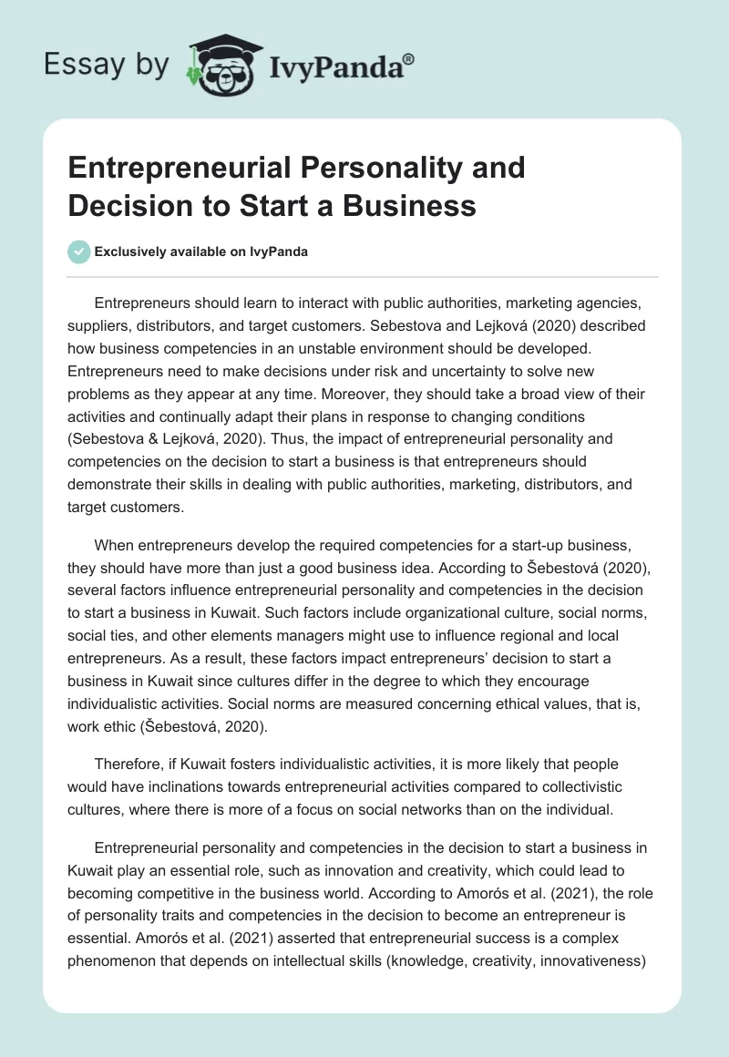 Entrepreneurial Personality and Decision to Start a Business. Page 1