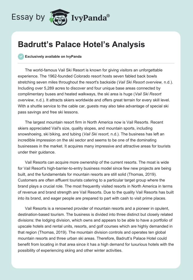 Badrutt’s Palace Hotel’s Analysis. Page 1