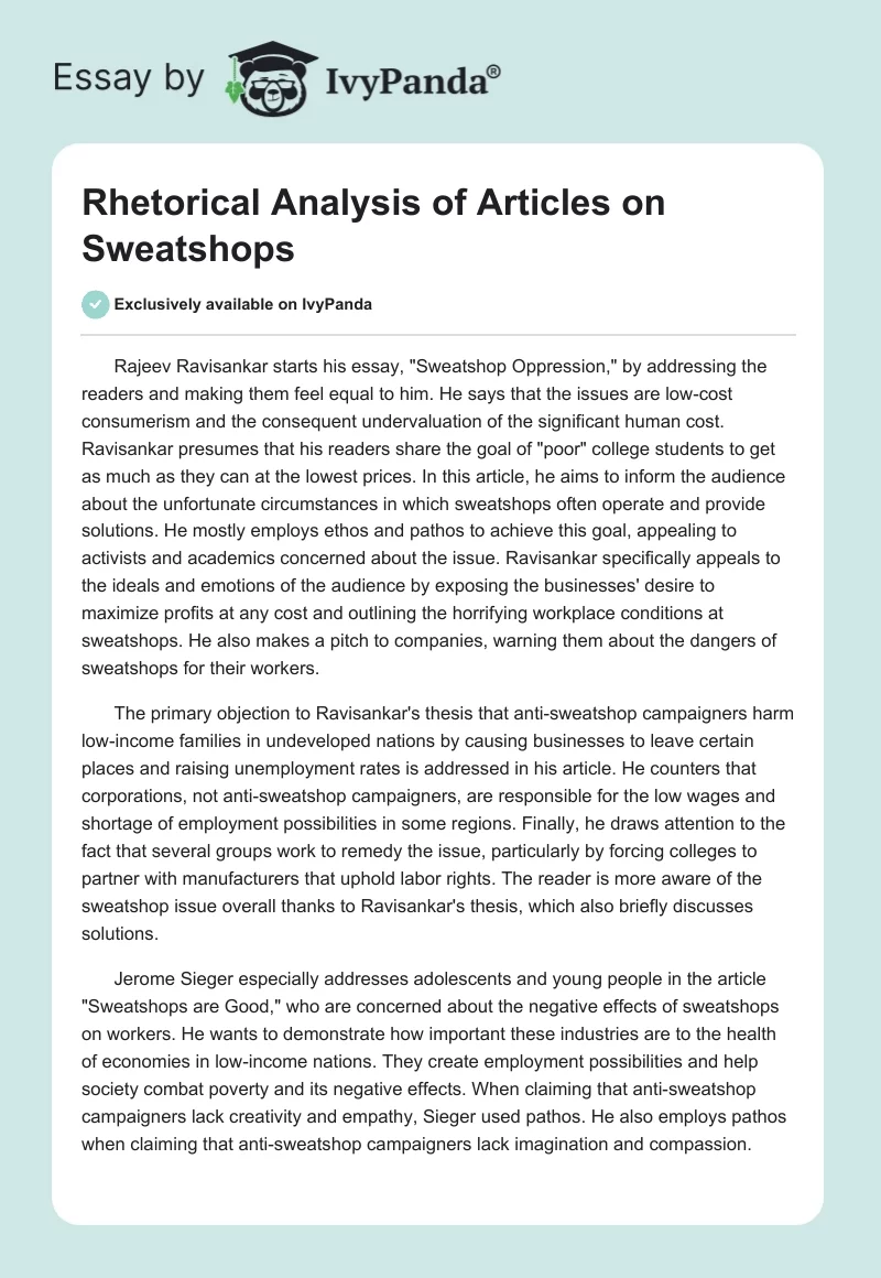 Rhetorical Analysis of Articles on Sweatshops. Page 1