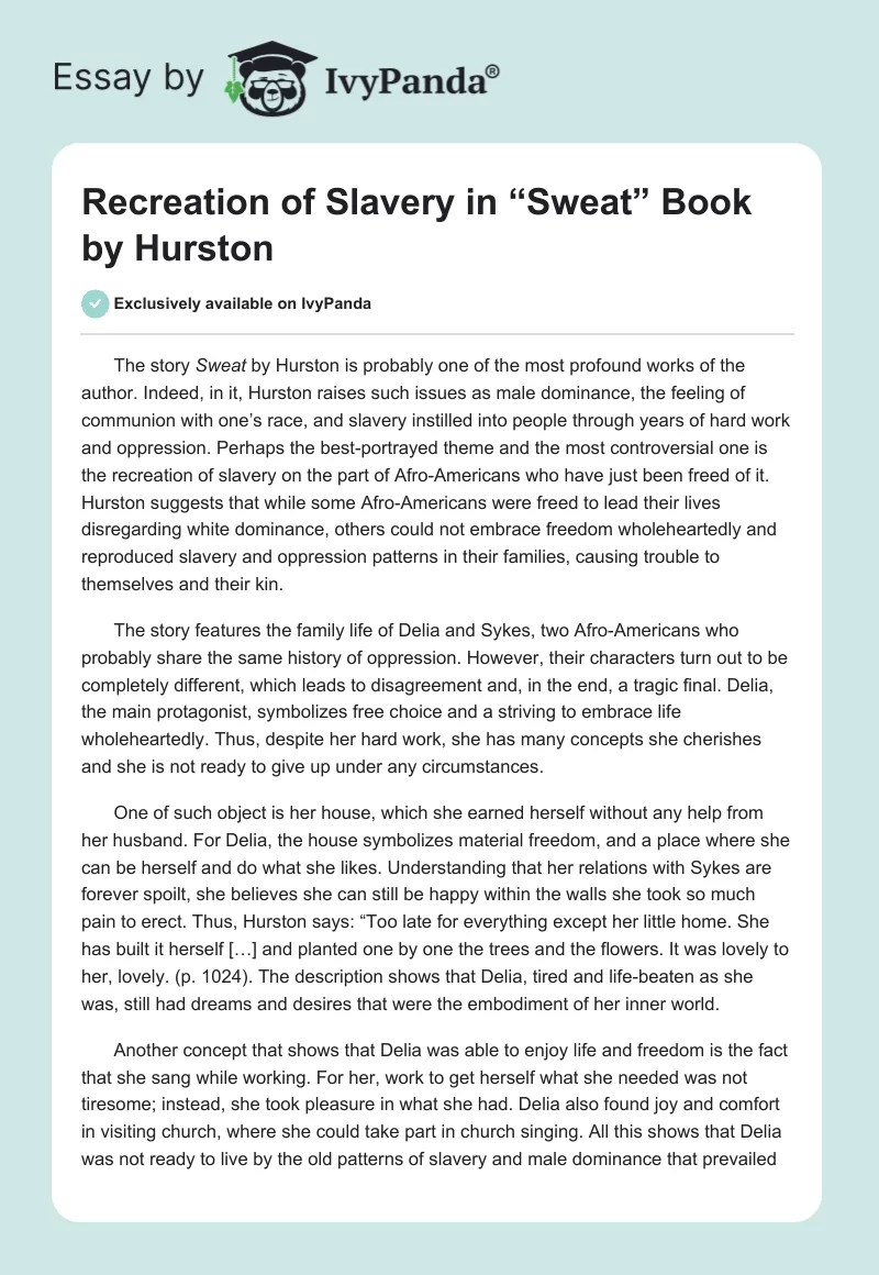 Recreation of Slavery in “Sweat” Book by Hurston. Page 1