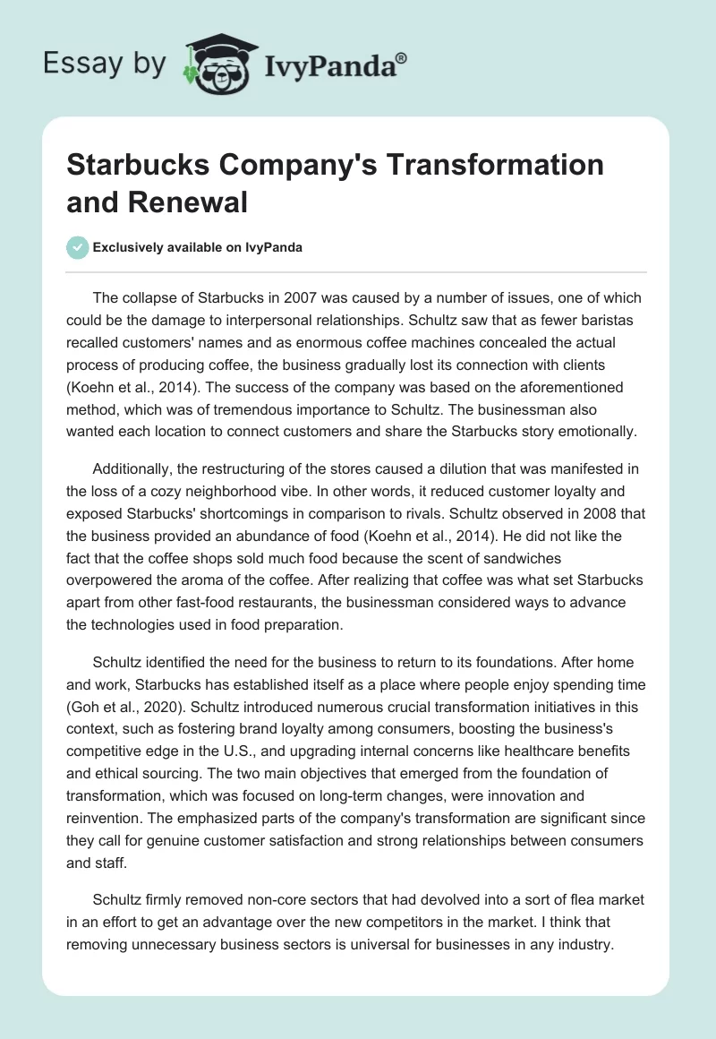 Starbucks Company's Transformation and Renewal. Page 1