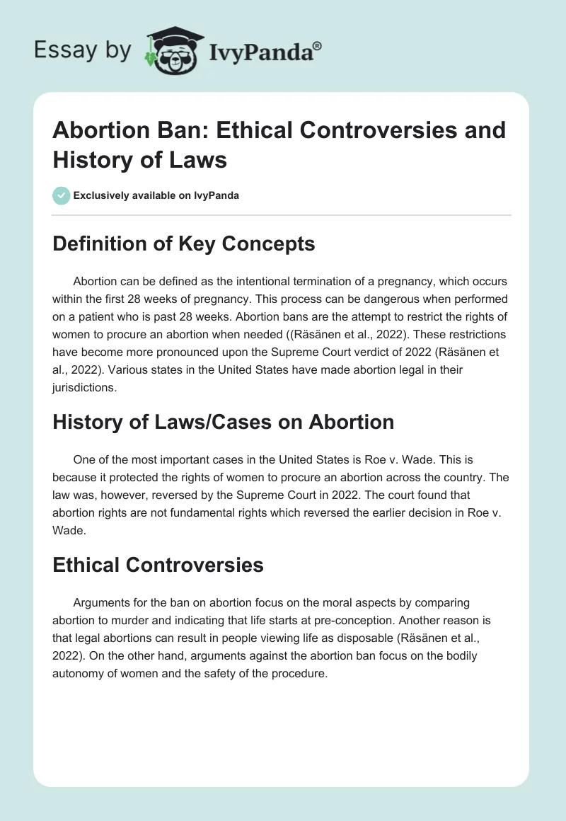 Abortion Ban: Ethical Controversies and History of Laws. Page 1