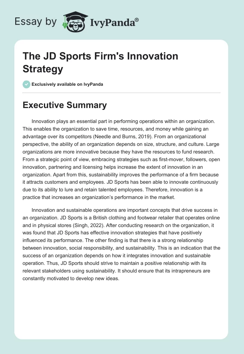 The JD Sports Firm's Innovation Strategy. Page 1