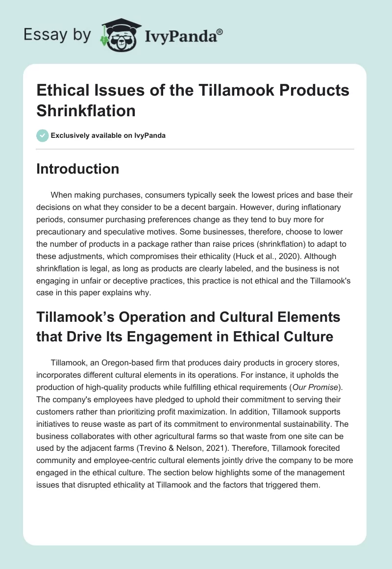 Ethical Issues of the Tillamook Products Shrinkflation. Page 1