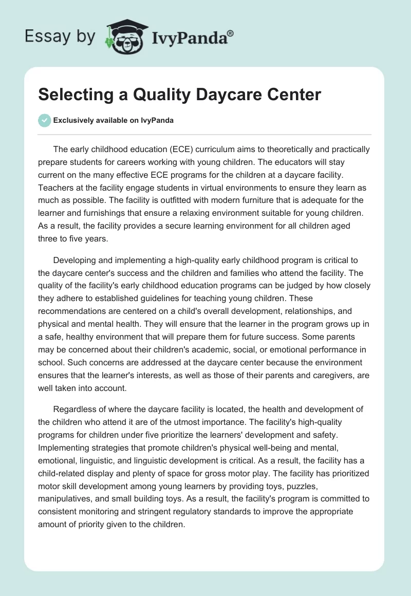 Selecting a Quality Daycare Center. Page 1