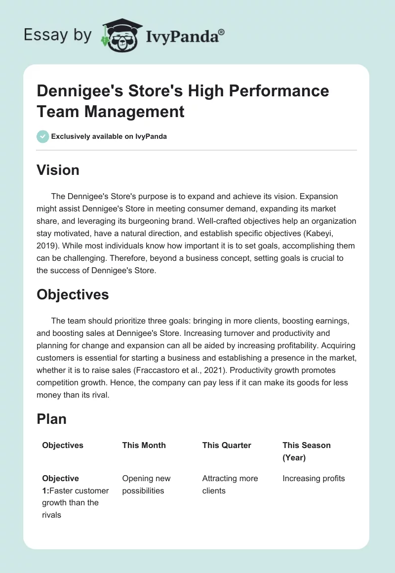 Dennigee’s Store’s: Establishing Core Objectives. Page 1
