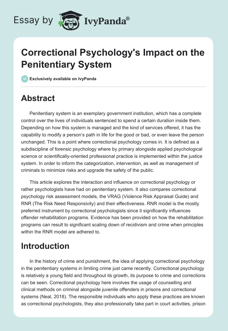 Correctional Psychology's Impact on the Penitentiary System. Page 1