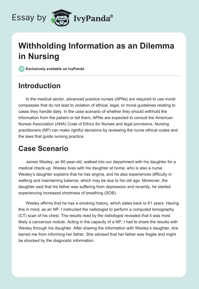 Withholding Information as an Dilemma in Nursing. Page 1