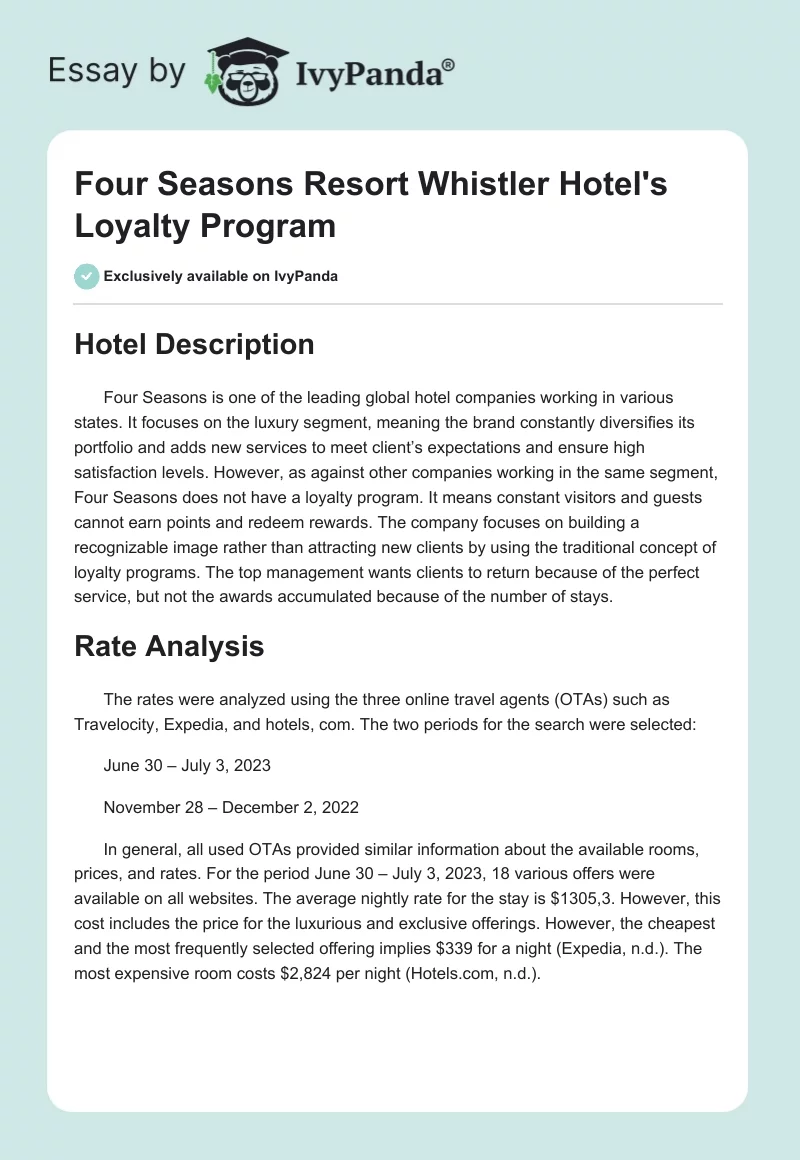 Four Seasons Resort Whistler Hotel's Loyalty Program. Page 1