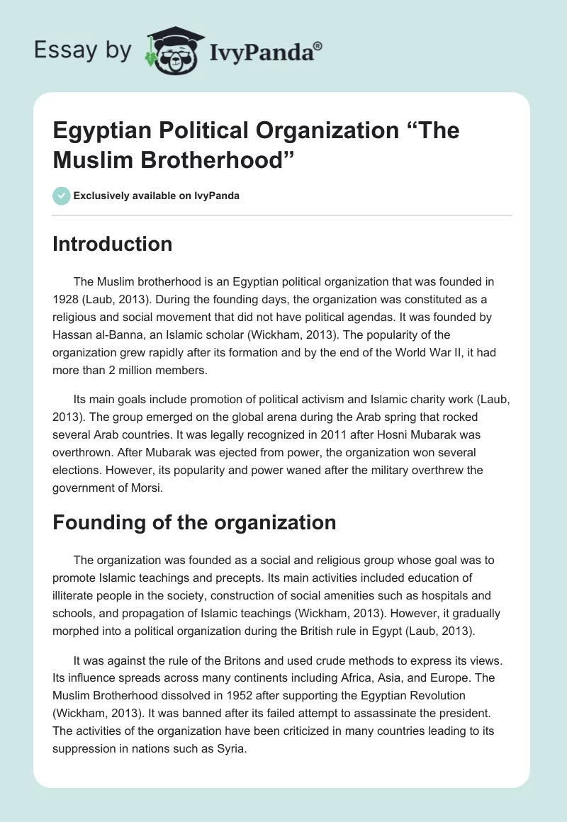 Egyptian Political Organization “The Muslim Brotherhood”. Page 1