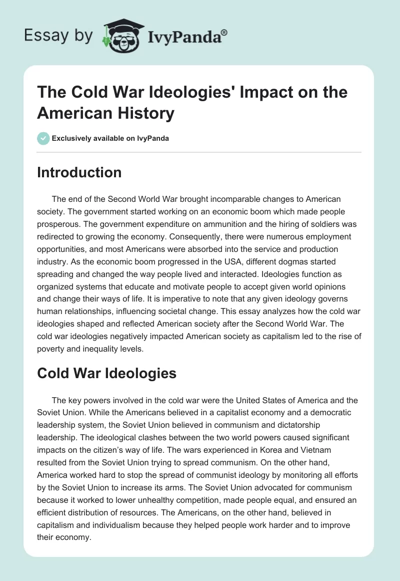 The Cold War Ideologies' Impact on the American History. Page 1