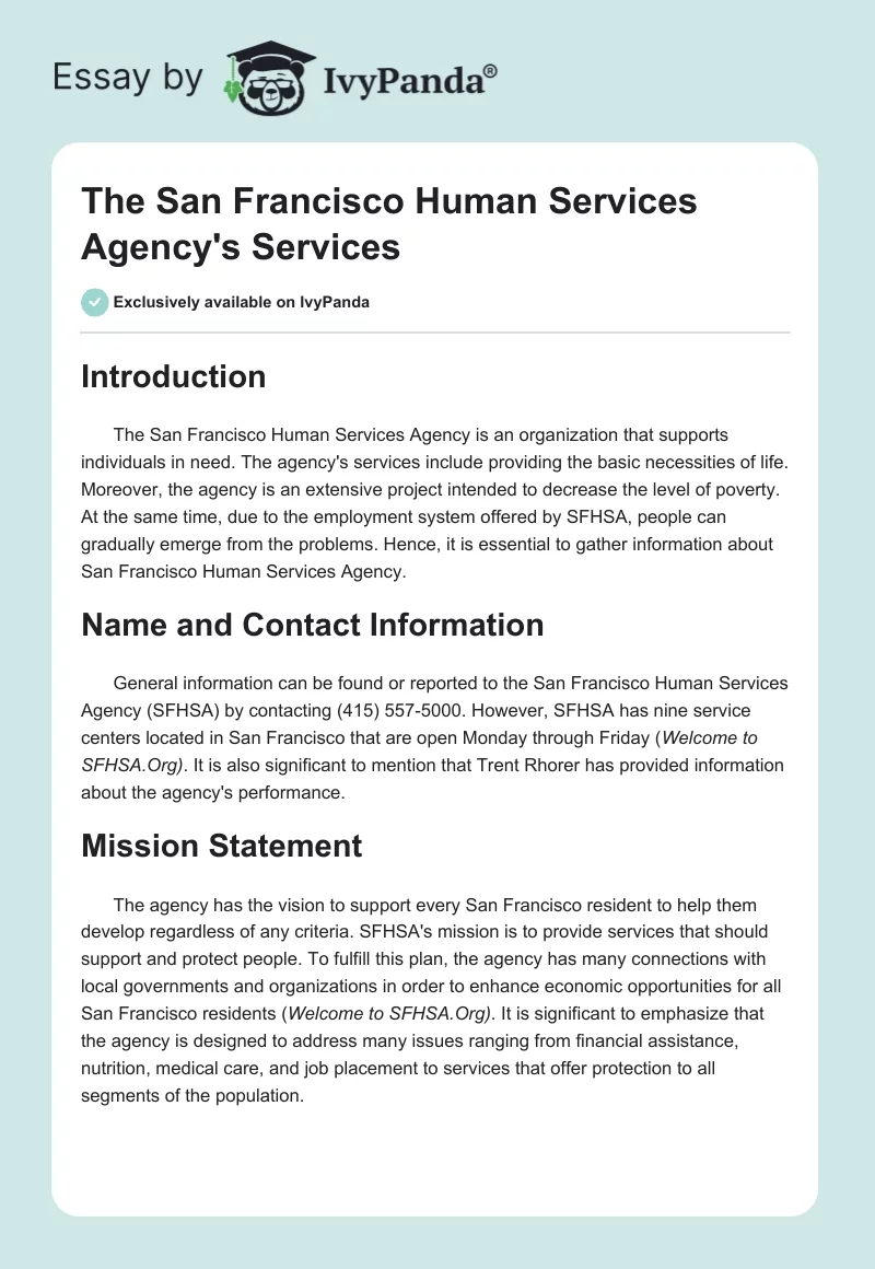 The San Francisco Human Services Agency's Services. Page 1