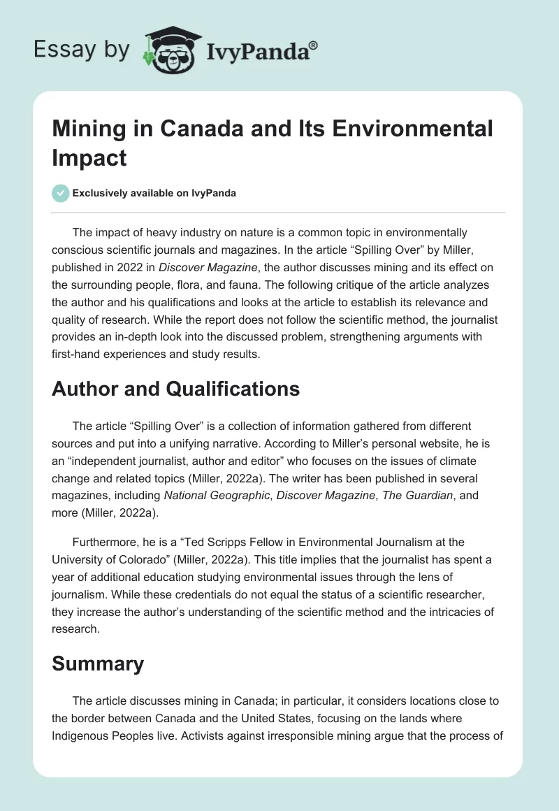 Mining in Canada and Its Environmental Impact. Page 1