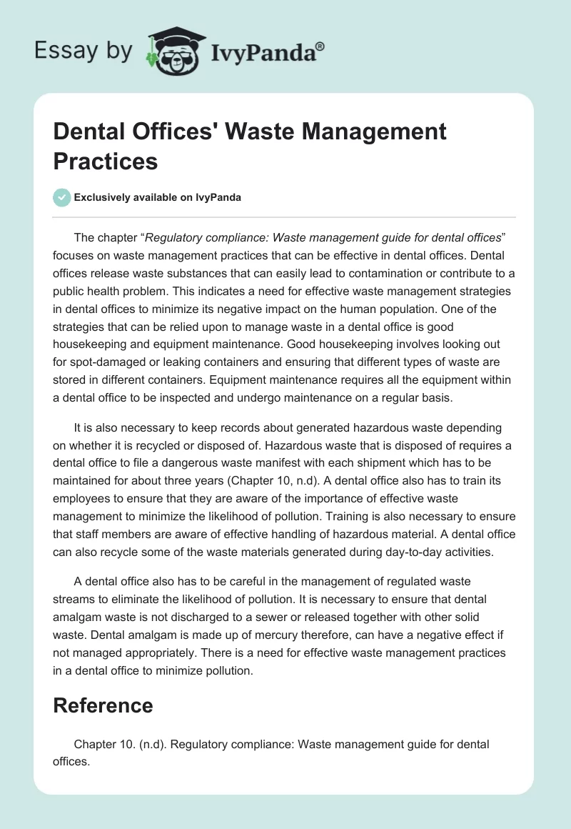 Dental Offices' Waste Management Practices. Page 1