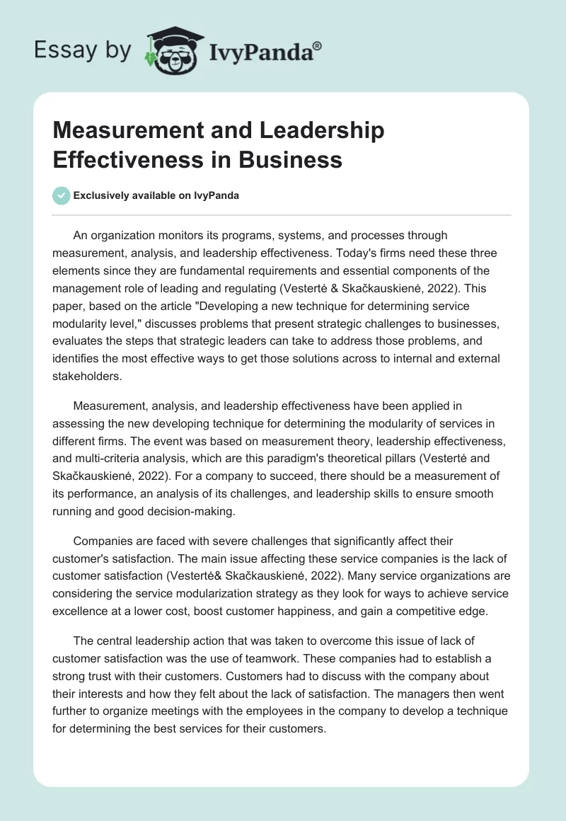 Measurement and Leadership Effectiveness in Business. Page 1
