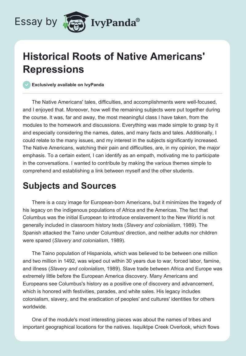 Historical Roots of Native Americans' Repressions. Page 1