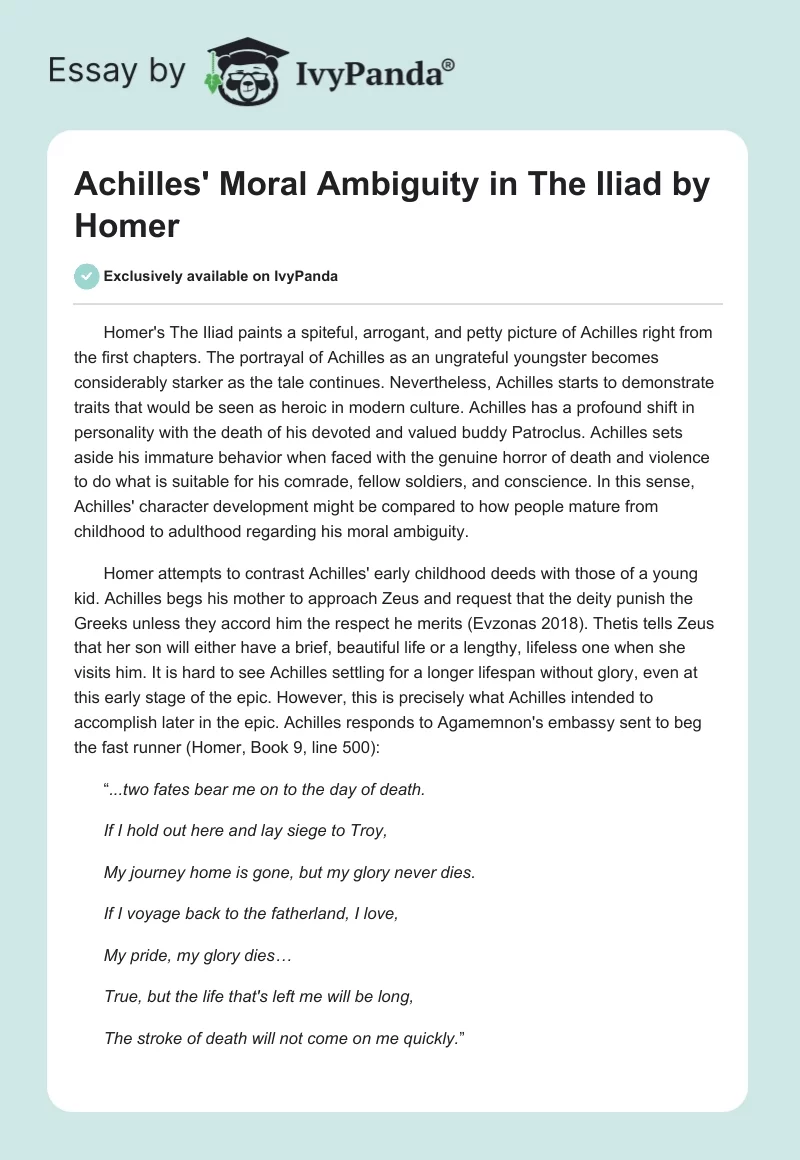 Achilles' Moral Ambiguity in "The Iliad" by Homer. Page 1