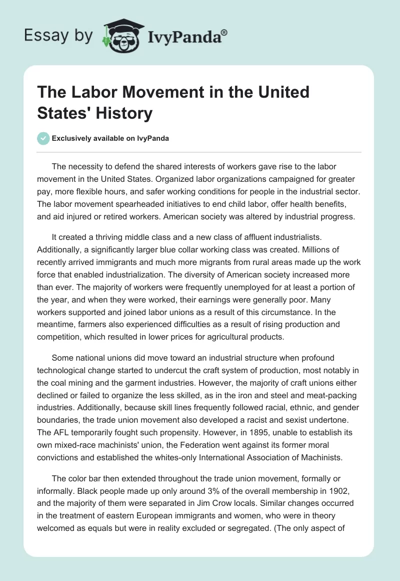 The Labor Movement in the United States' History. Page 1