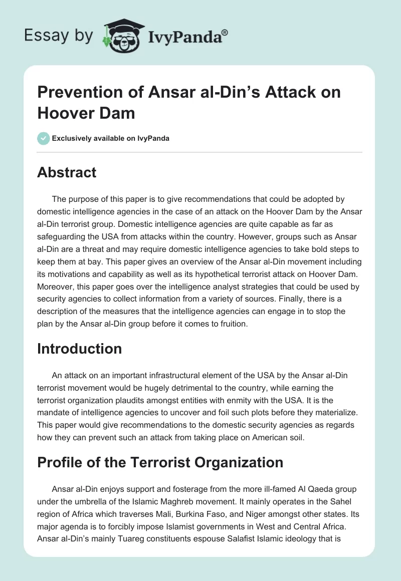 Prevention of Ansar al-Din’s Attack on Hoover Dam. Page 1