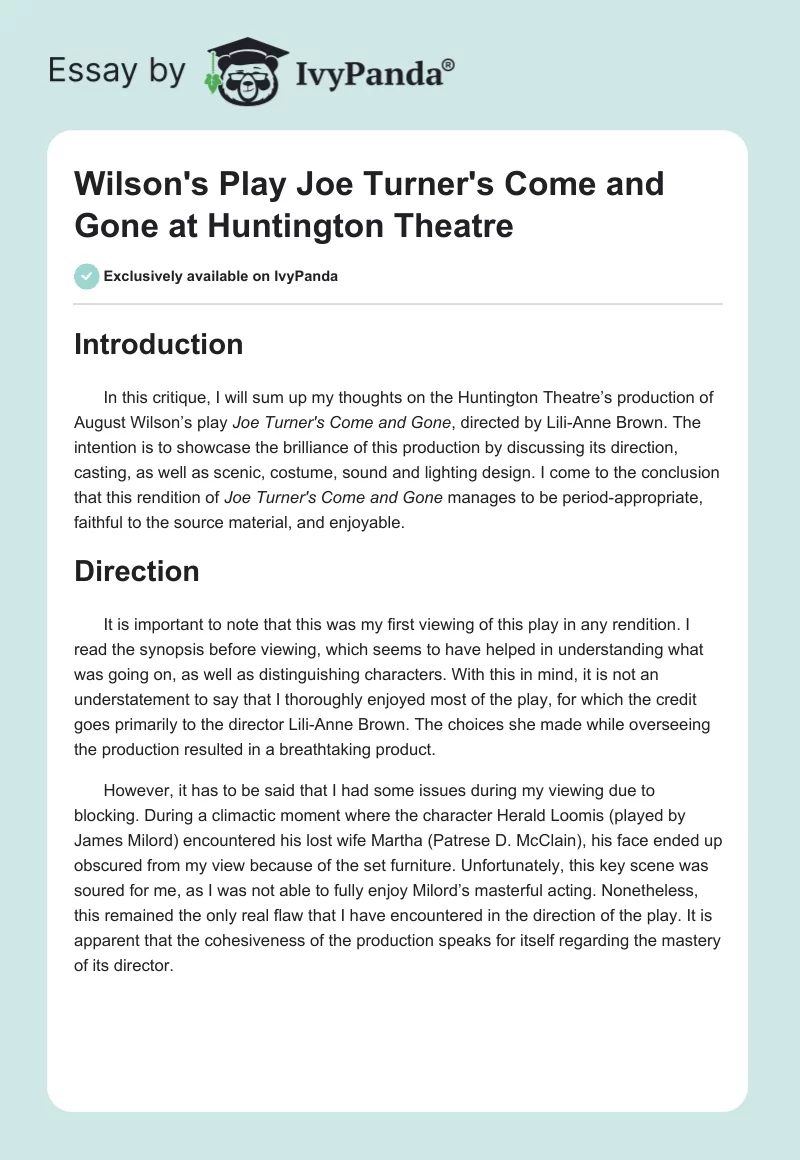Wilson's Play "Joe Turner's Come and Gone" at Huntington Theatre. Page 1