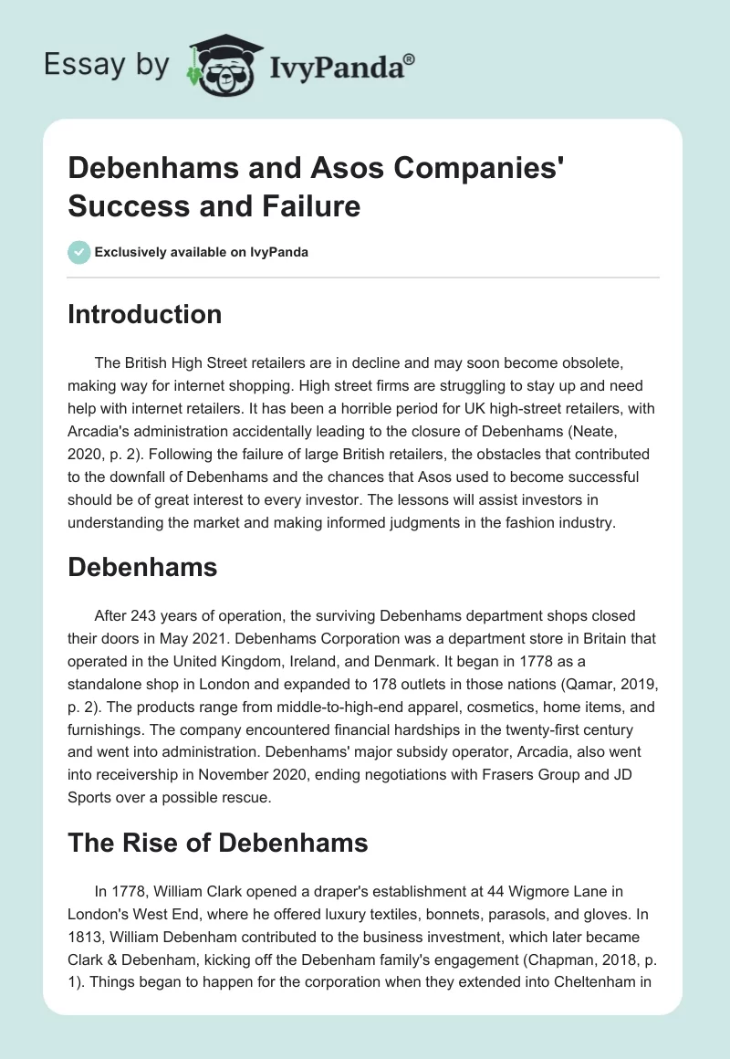 Debenhams and ASOS Companies' Success and Failure. Page 1