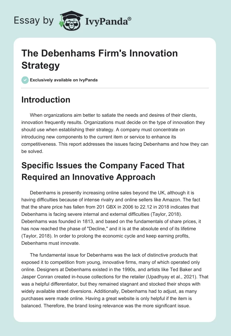 The Debenhams Firm's Innovation Strategy. Page 1