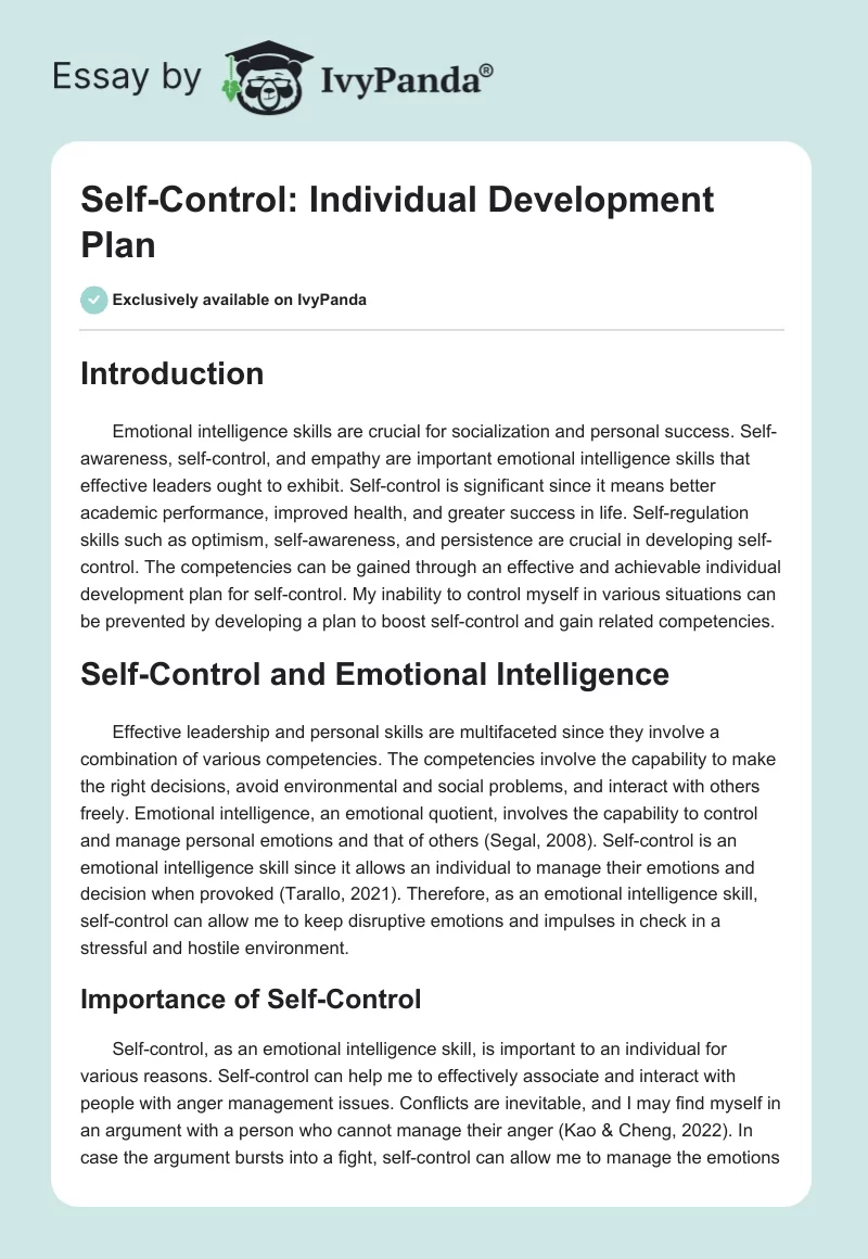 Self-Control: Individual Development Plan. Page 1