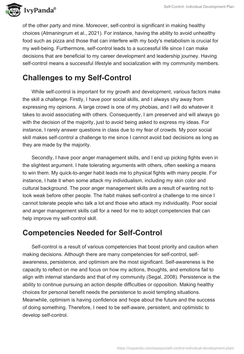 Self-Control: Individual Development Plan. Page 2