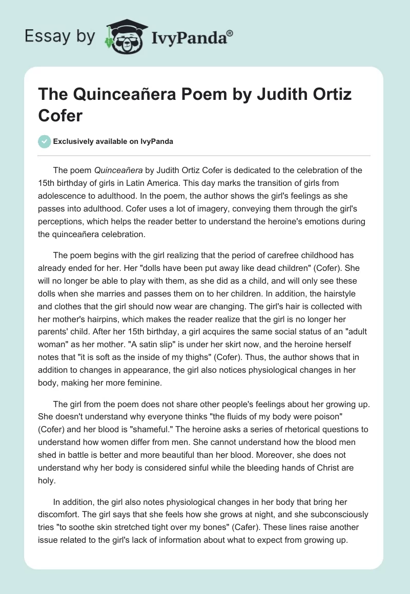 The "Quinceañera" Poem by Judith Ortiz Cofer. Page 1