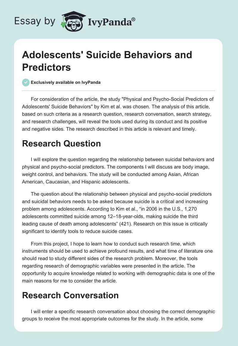 Adolescents' Suicide Behaviors and Predictors. Page 1