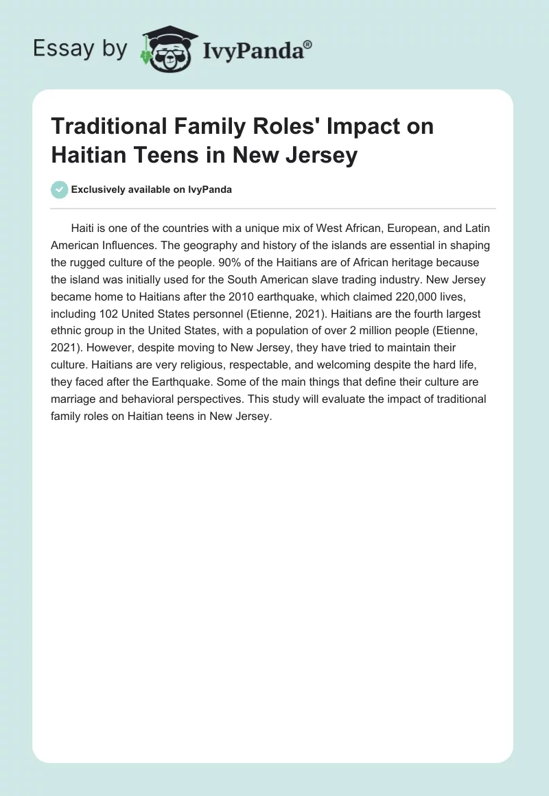 Traditional Family Roles' Impact on Haitian Teens in New Jersey. Page 1