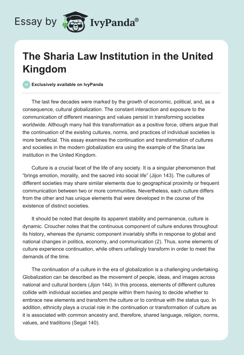 The Sharia Law Institution in the United Kingdom. Page 1