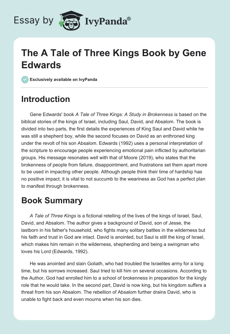 The "A Tale of Three Kings" Book by Gene Edwards. Page 1