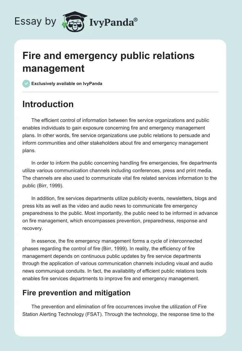 Fire and emergency public relations management. Page 1