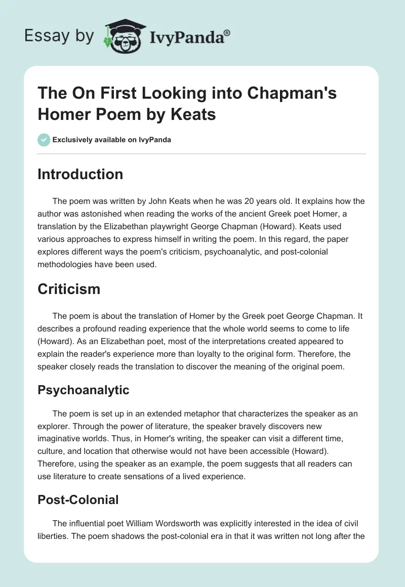 The "On First Looking into Chapman's Homer" Poem by Keats. Page 1